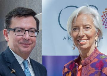 El ministro de Economía, Román Escolano, junto a la directora gerente del FMI, Christine Lagarde.