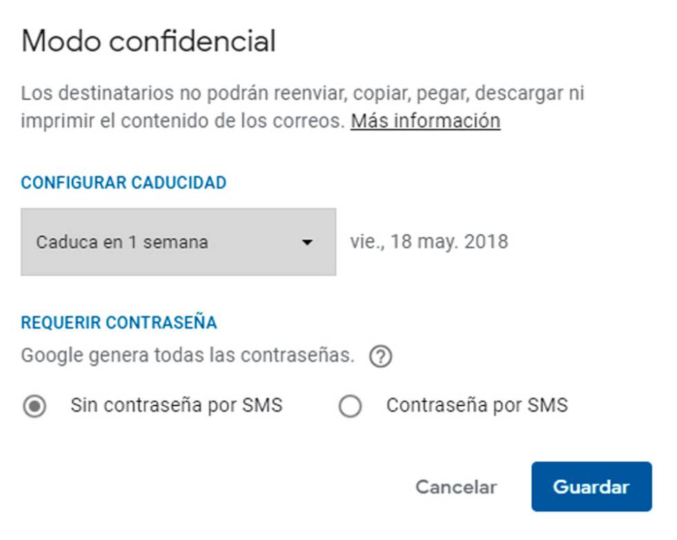Aquí podemos configurara el modo condifencial del Gmail