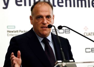 El presidente de LaLiga, Javier Tebas, durante su intervención en los Encuentros Empresariales que organizan CEOE y CEPYME, hoy en Madrid.