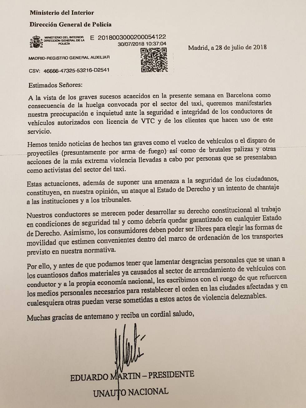 Carta enviada por Unauto a Interior pidiendo más seguridad.