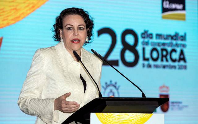 GRAF5509. LORCA, (MURCIA), 09112018.- La ministra de Trabajo, Magdalena Valerio, durante su intervención en el acto de clausura del Día mundial del Cooperativista, organizados por la Unión de Cooperativas de la Región de Murcia (Ucomur), esta noche en Lorca. EFEMarcial Guillén.