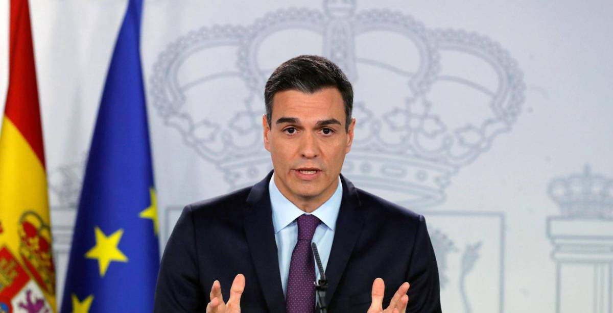 El presidente del Gobierno, Pedro Sánchez, durante su comparecencia antes los medios en el Palacio de La Moncloa