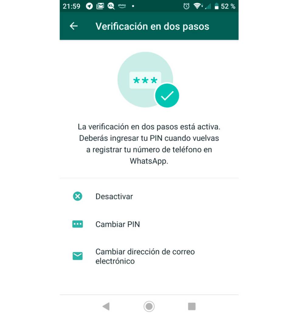 Verificación dos pasos WhatsApp