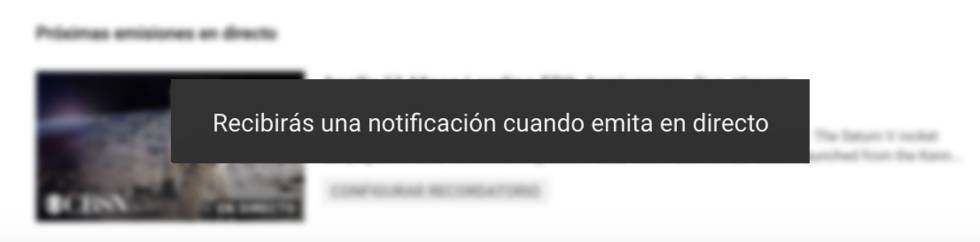 Mensaje de confirmación de aviso para directo de YouTube.