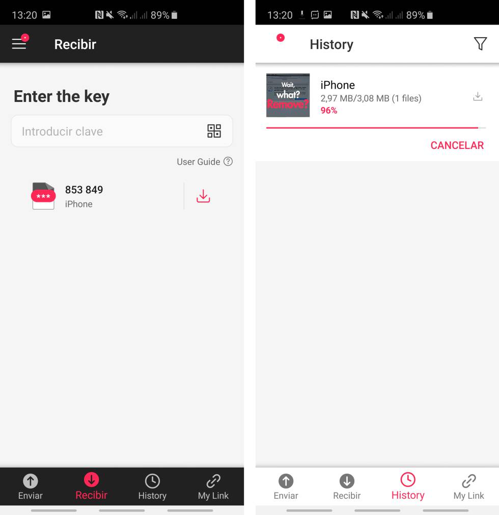 Android recibiendo archivos inalámbricamente de un iPhone.