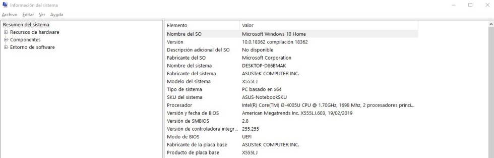 Información del sistema de Windows.