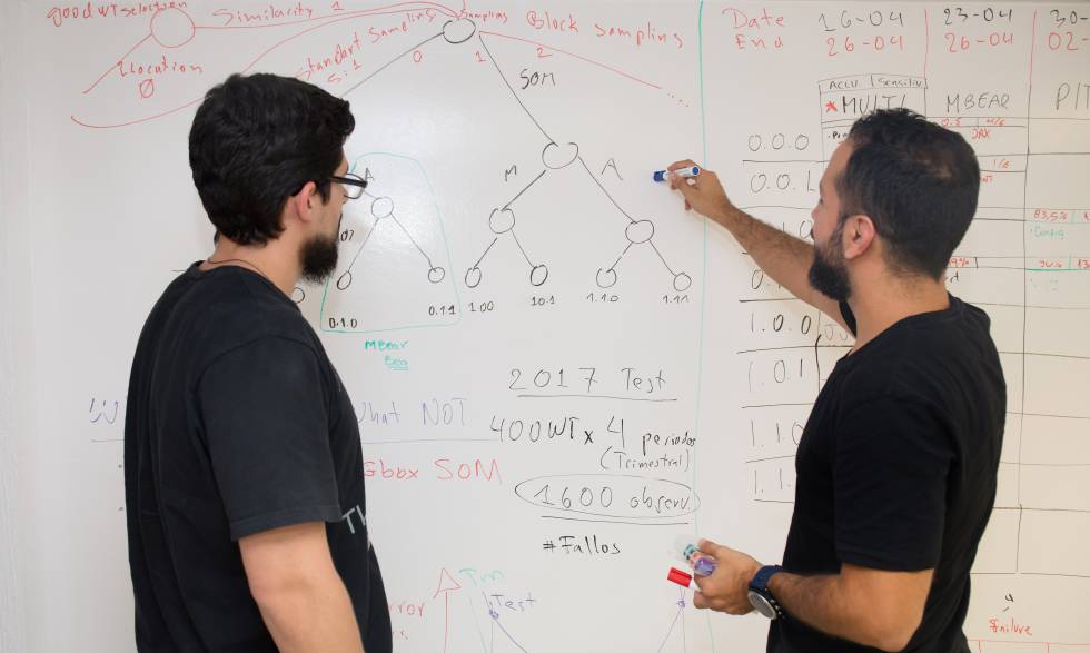 Dos empleado analizan modelos estadísticos.