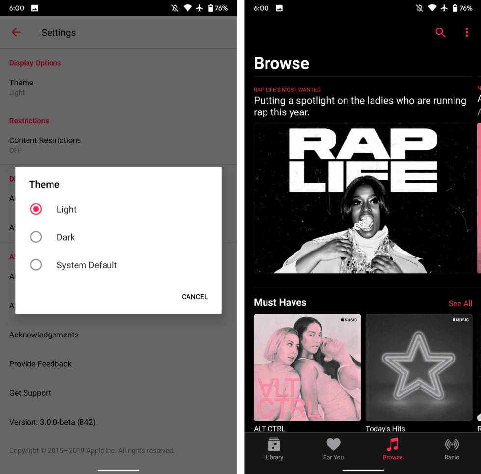 Modo oscuro en la beta de Apple Music para Android.