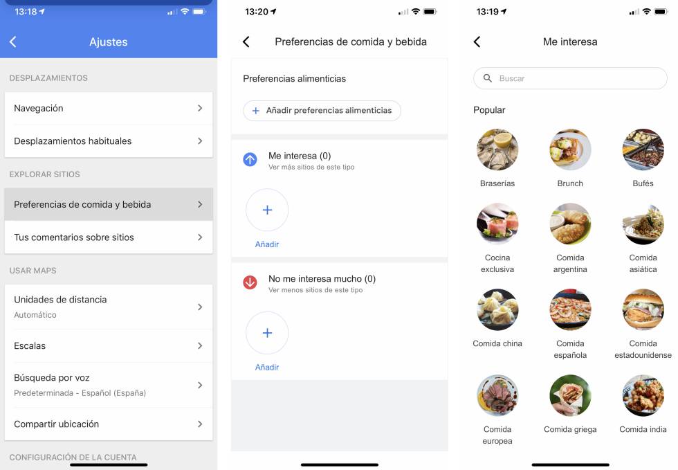 Configurar preferencias gastronómicas en Google Maps.