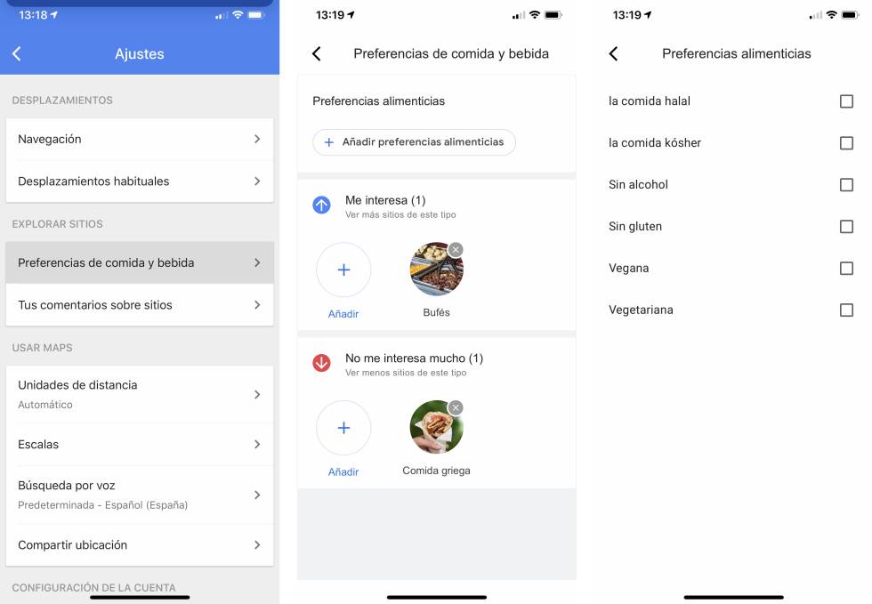 Configurar preferencias gastronómicas en Google Maps.
