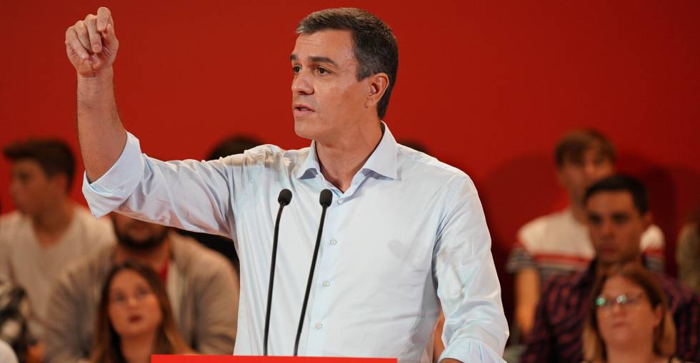 El presidente del Gobierno en funciones, Pedro Sánchez, interviene durante el acto de proclamación de la secretaria general del PSE-EE, Idoia Mendia, como candidata a lehendakari, en Barakaldo.rn