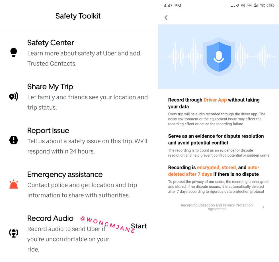Opción Record-audio en la aplicación de Uber.