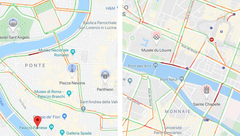 Roma (i) y París (d), con los nuevos iconos de los monumentos.