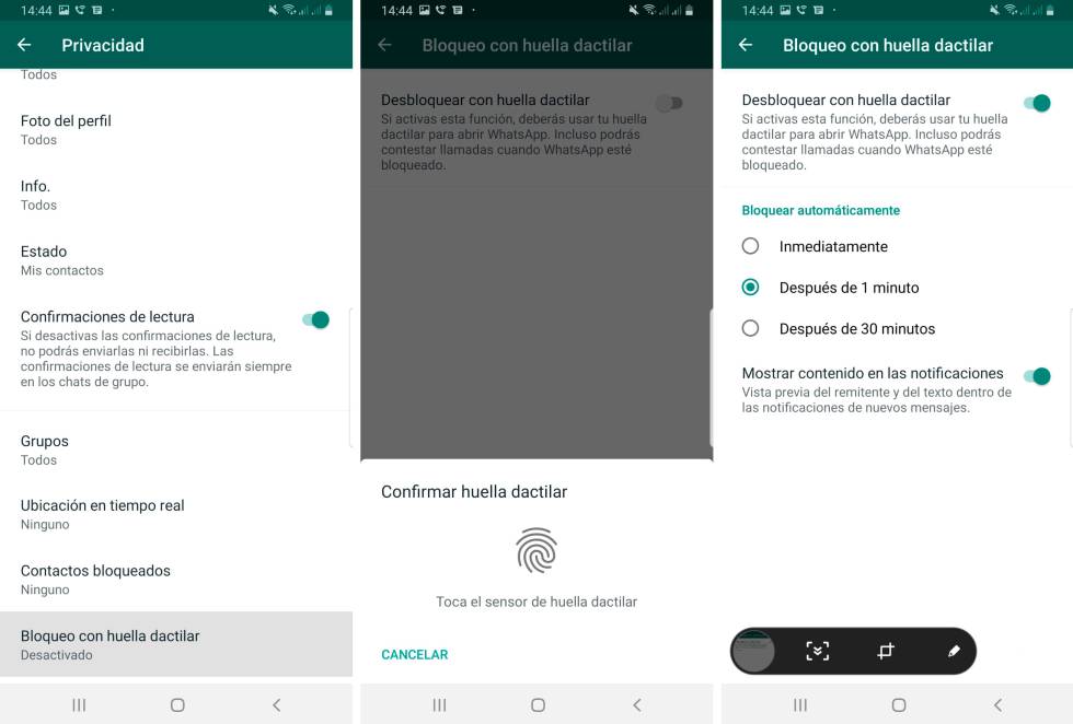 Activar la huella dactilar en WhatsApp para Android.