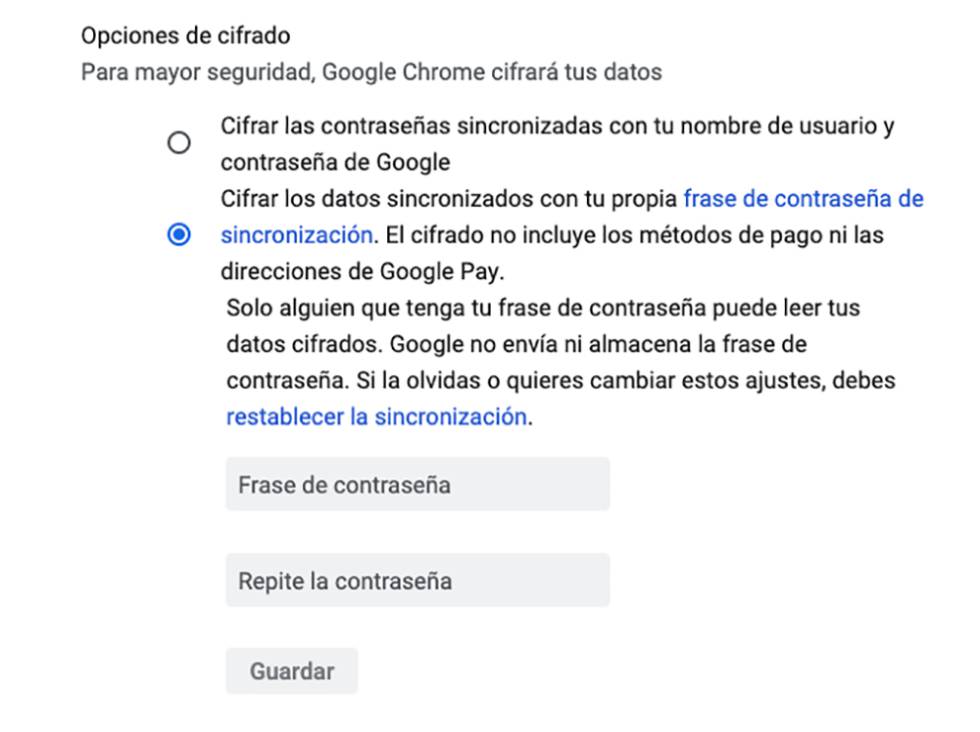 Configuración de cifrado en Google Chrome.