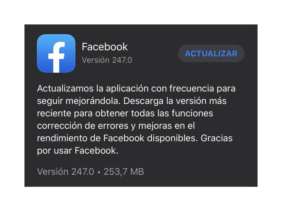 Actualización de la app de Facebook en iOS.