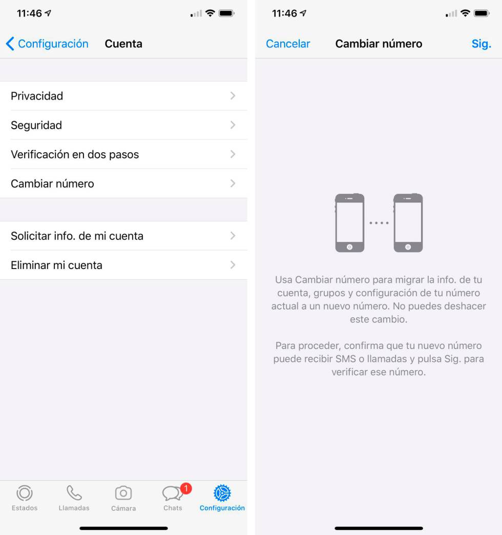 Cambiar número de cuenta de WhatsApp.