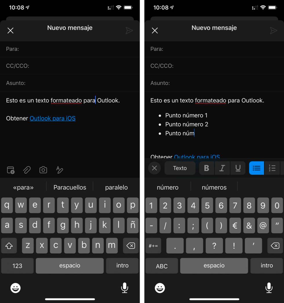 Nuevas funciones de edición de texto en Outlook.