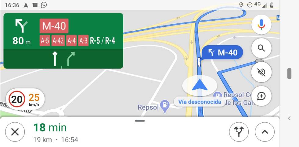 Indicación de velocidad máxima en Google Maps.