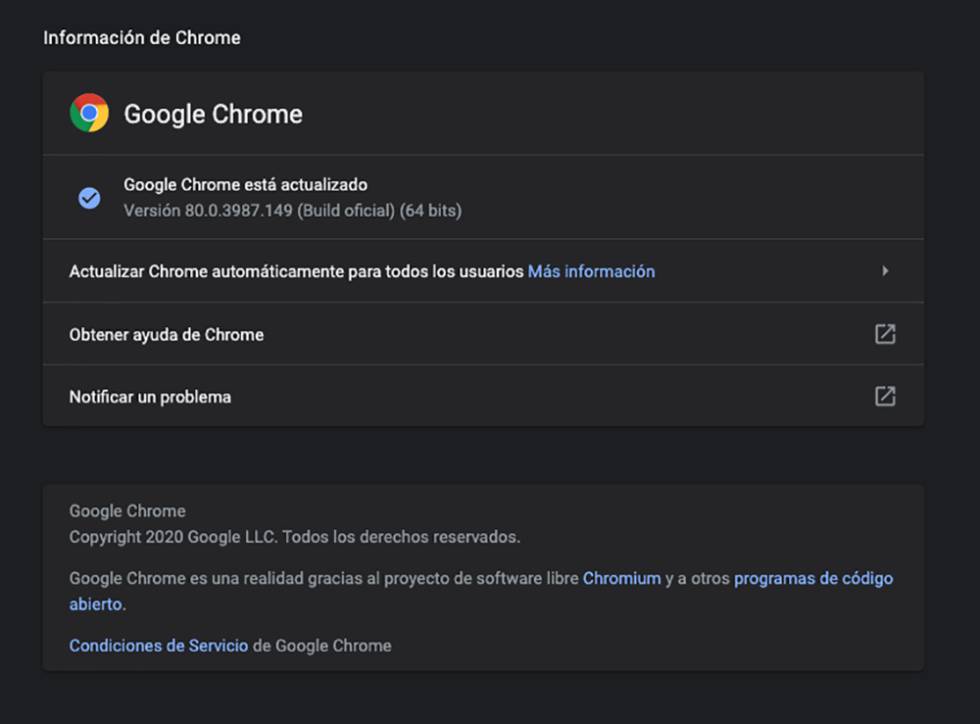 Información sobre Google Chrome.