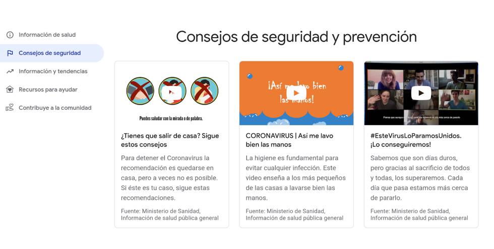 Hub de Google en España sobre el coronavirus.