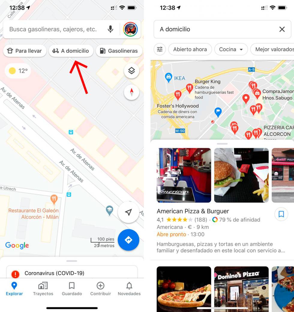 Google Maps con locales a domicilio.
