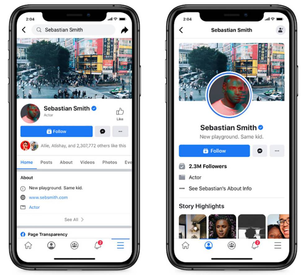 Páginas actuales de Facebook (i) versus las que se actualizarán pronto (d).