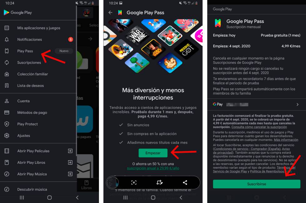 Suscribir Play Pass de Google en Android.