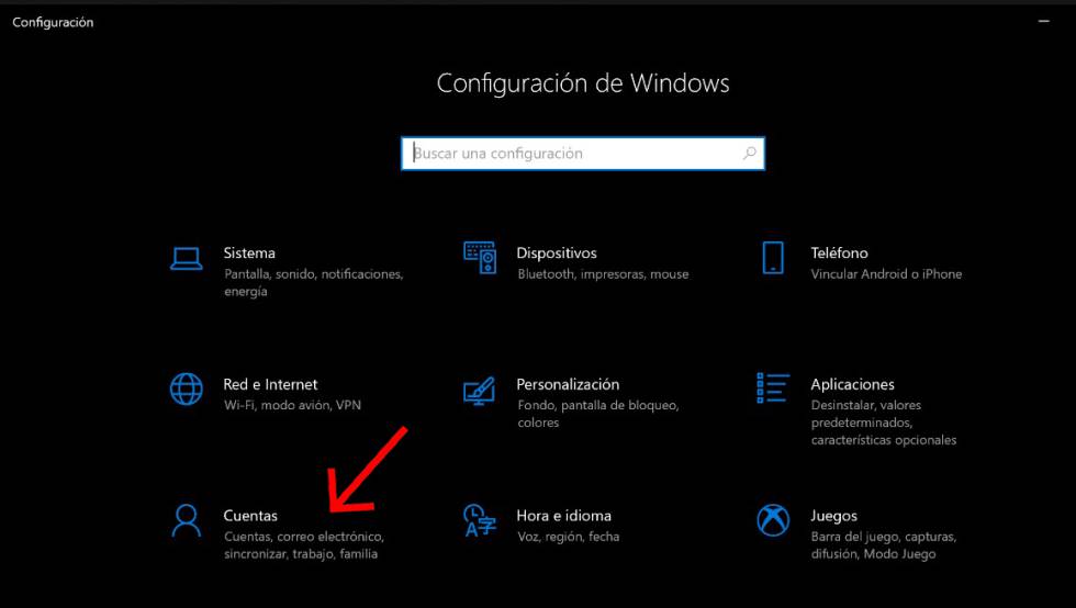 Acceso al menú de cuentas dentro de Windows 10.