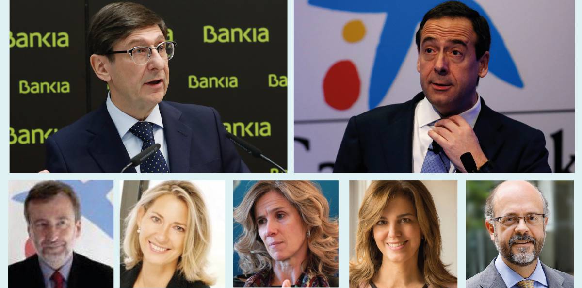 Arriba, José Ignacio Goirigolzarri, que será el presidente ejecutivo de la nueva entidad (i) y Gonzalo Gortázar, nuevo consejero delegado (d). Abajo, en la primera fila y de izquierda a derecha, Tomás Muniesa; María Verónica Fisas Vergés; Cristina Garmendia; María Amparo Moraleda y Eduardo Javier Sanchiz Irazu. En la segunda fila, John Shepard Reed; Koro Usarraga; Joaquín Ayuso; Francisco Javier Campo; Eva Castillo Sanz, y Fernando Ulrich.
