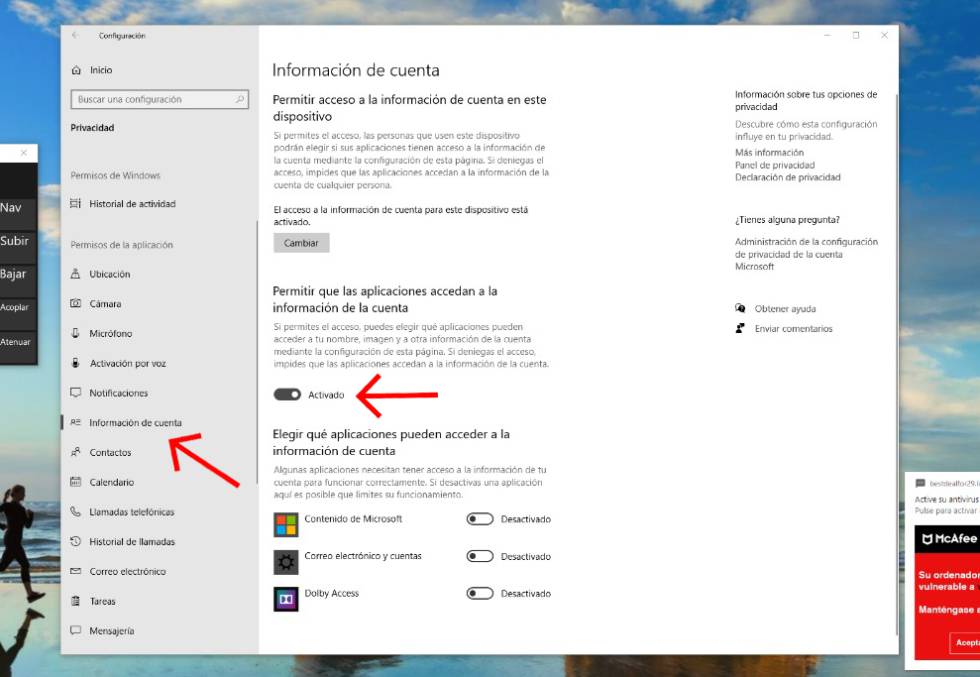 Configura la privacidad de Windows 10.