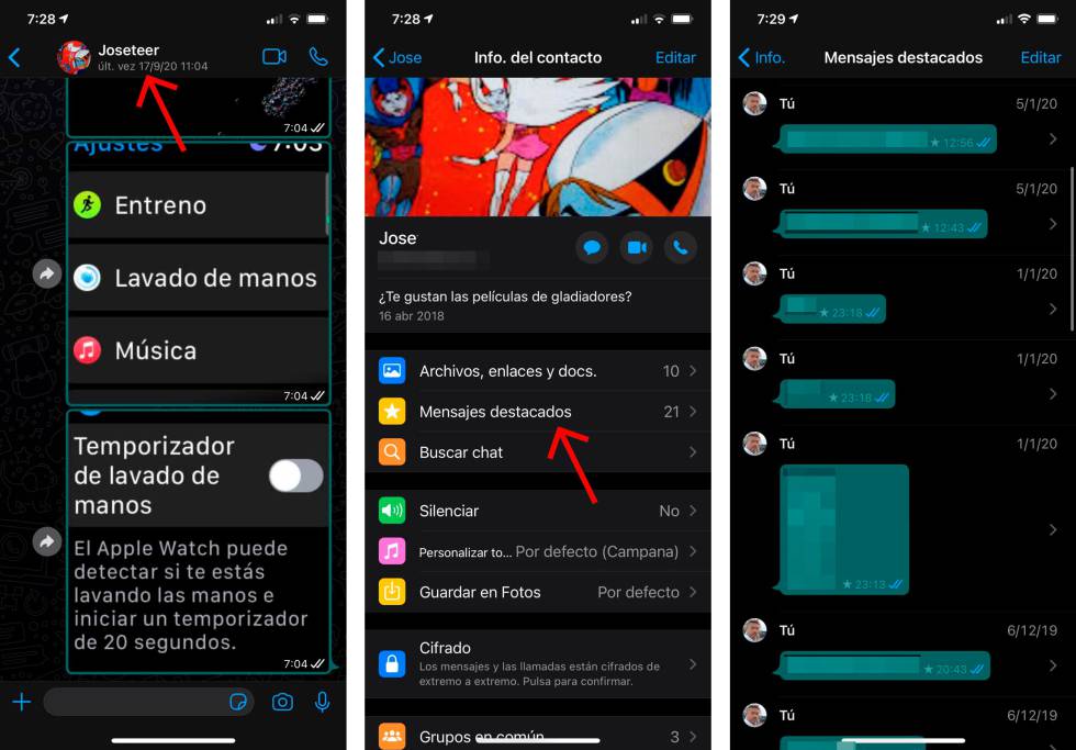 Consulta los mensajes destacados de cada chat.