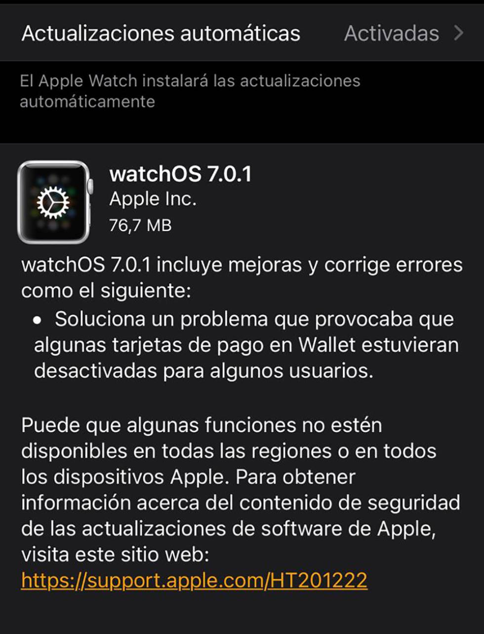 Actualización de watchOS 7.0.1.
