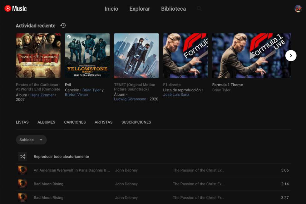 Biblioteca de YouTube Music.