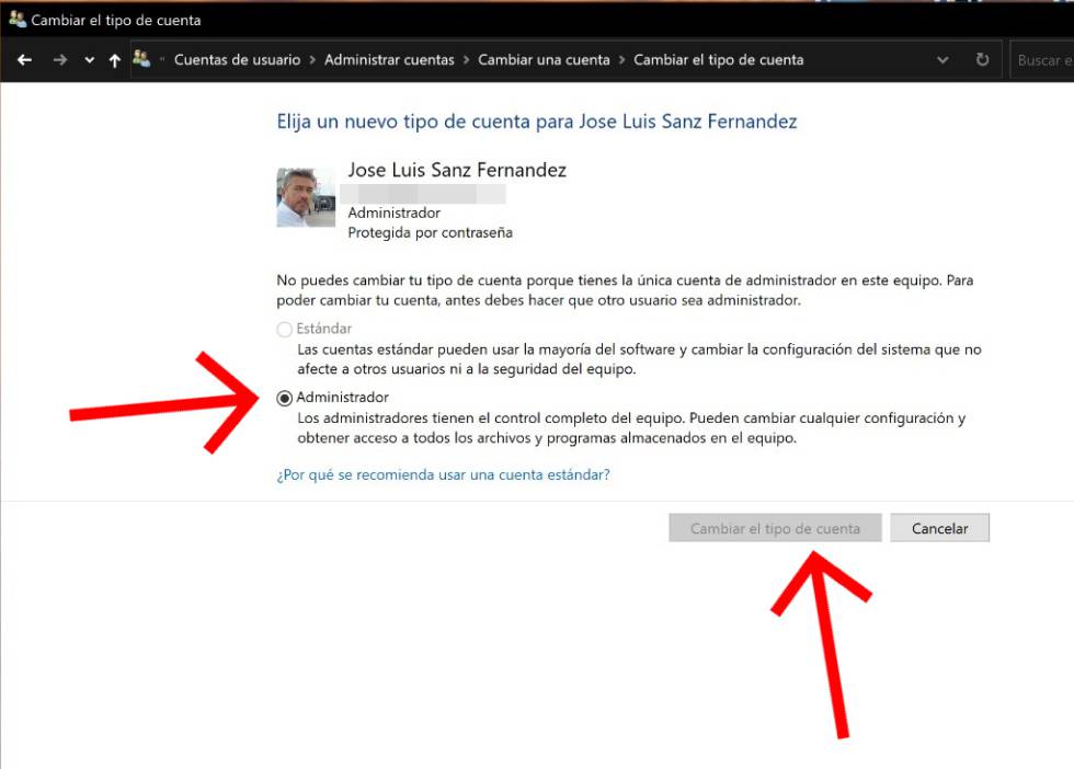 Configura la cuenta como administrador.