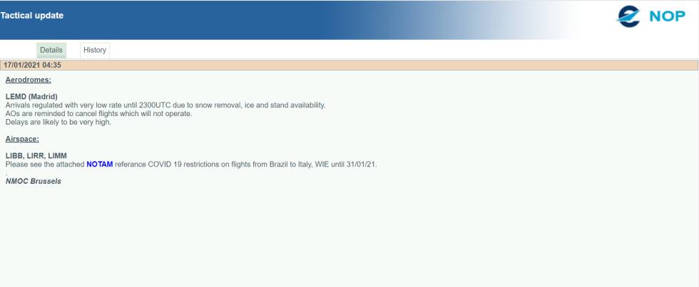 Captura de la pantalla web de Eurocontrol en la que aparece la advertencia de la nueva situación del aeropuerto de Madrid Barajas.