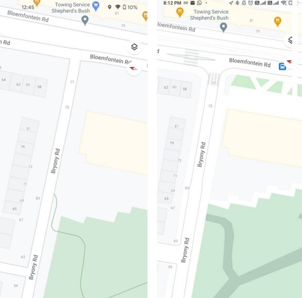Anterior (i.) y nueva (d.) visualización en Google Maps.