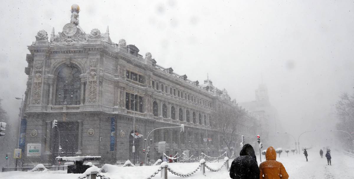 Sede del Banco de España tras el paso del temporal Filomena.