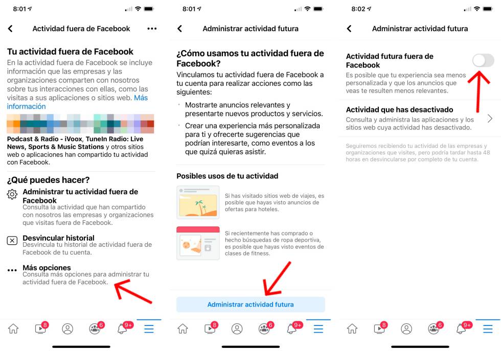 Desactiva la actividad fuera de Facebook.