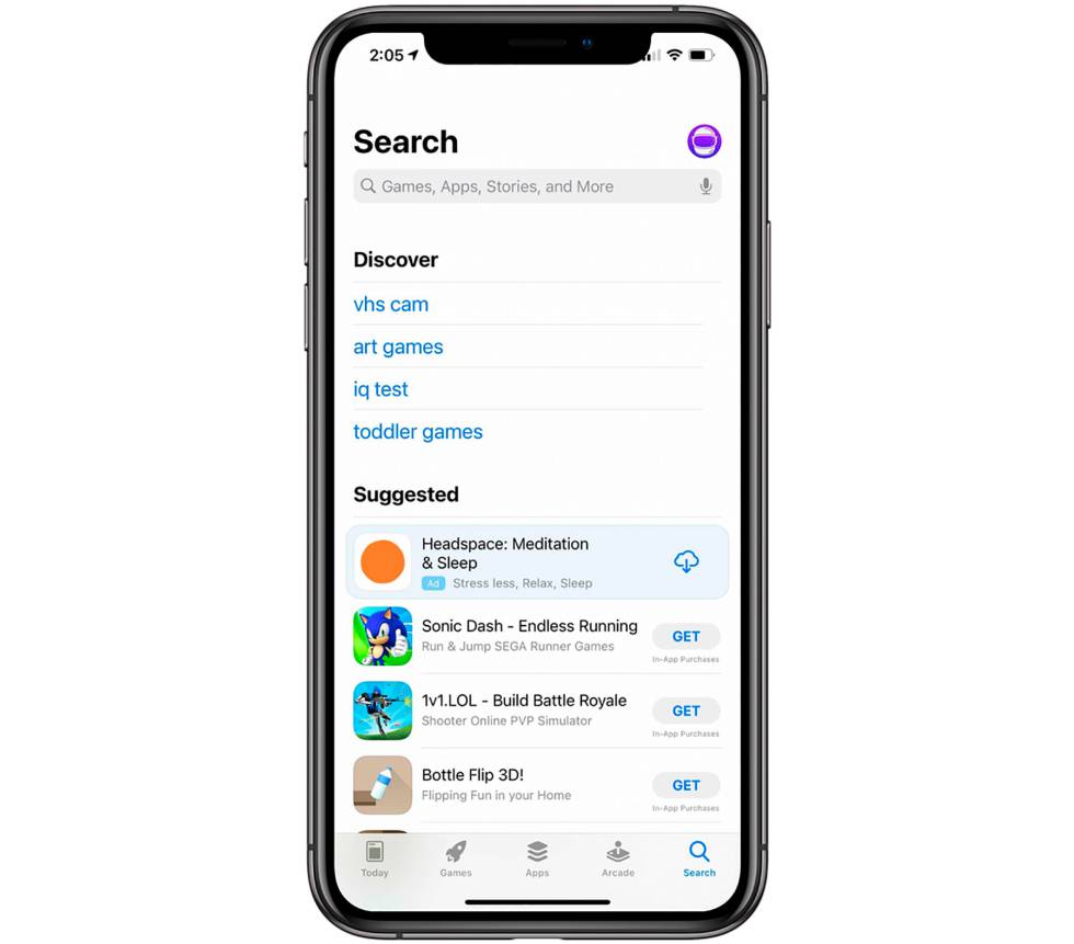 Publicidades de apps sugeridas en la búsqueda de la App Store.