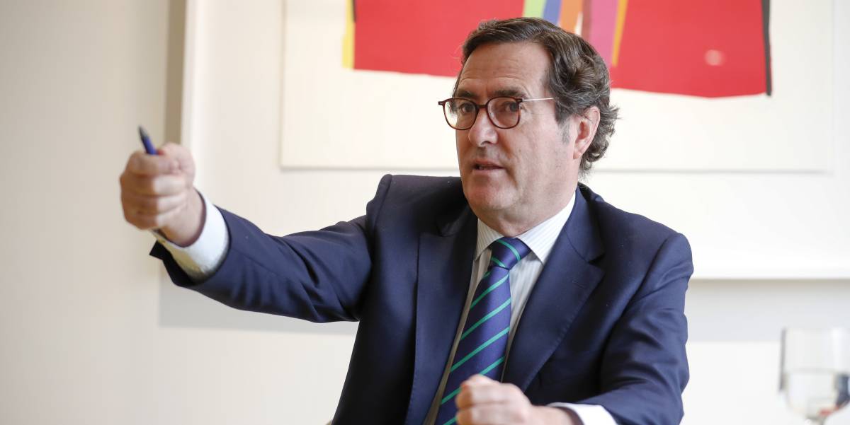 Antonio Garamendi, presidente de la CEOE durante un momento de la entrevista con Cinco Días.