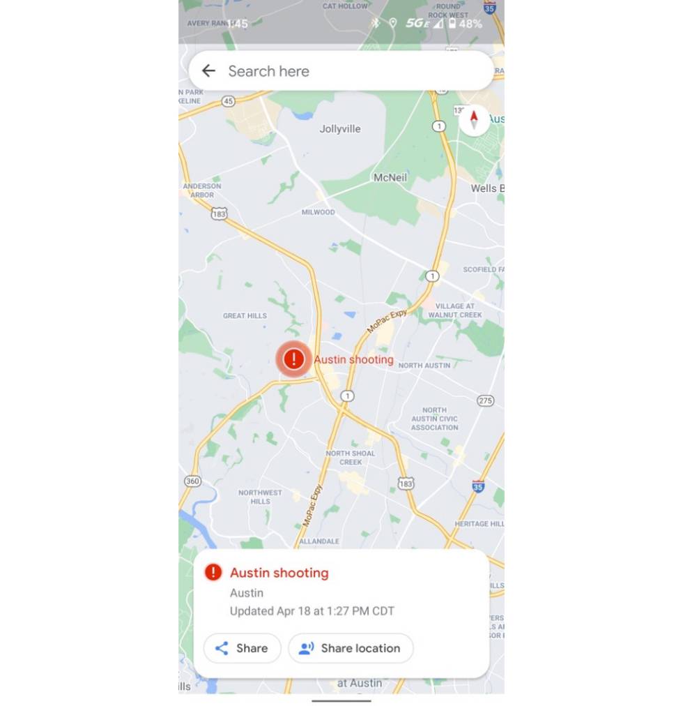 Alertas de tiroteo en Google Maps.