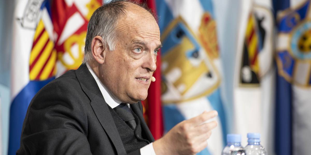 Javier Tebas, presidente de LaLiga, este jueves en rueda de prensa.