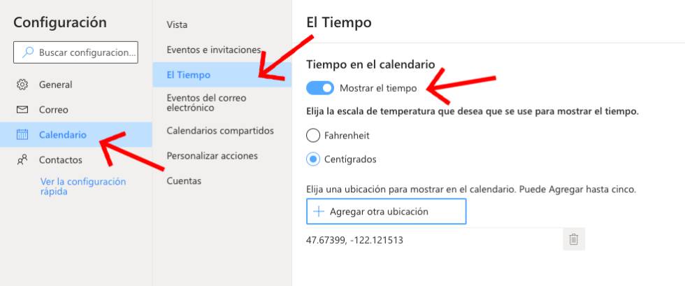 Configura el tiempo en Outlook.