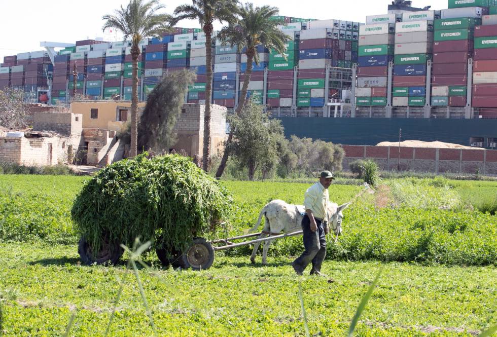 Al fondo, el buque Ever Given encallado en el canal de Suez (Egipto), cargado de contenedores.