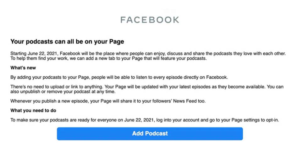 Aviso de Facebook para subir podcasts a la red social.