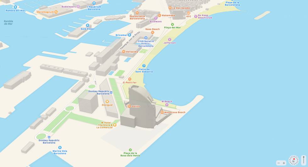 Réplica del hotel W Barcelona en Apple Maps.
