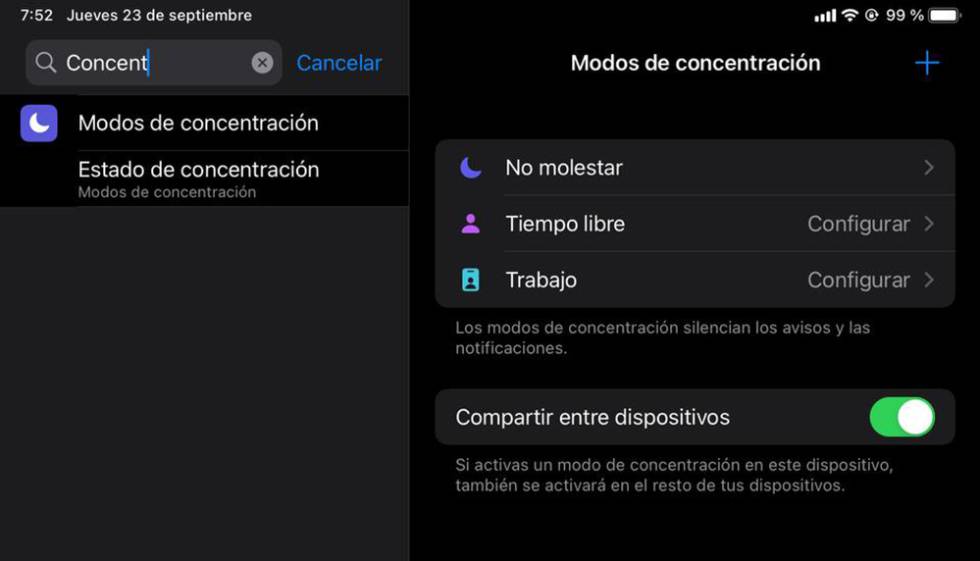 Configura el modo concentración.