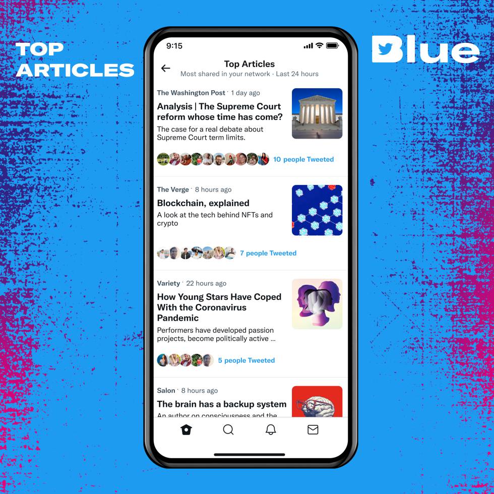 Vista interna de la sección de Artículos Destacados de Twitter Blue