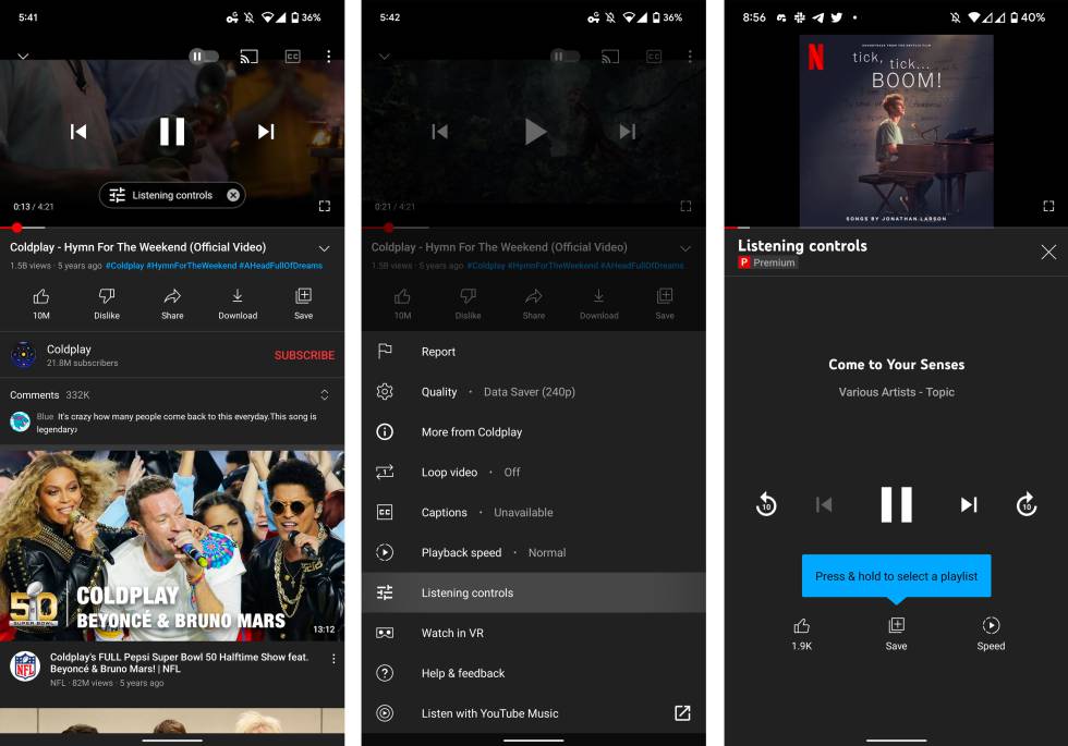 Nuevos controles de YouTube enfocados a la escucha.